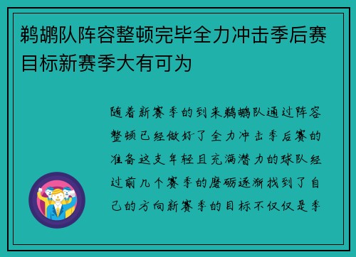 鹈鹕队阵容整顿完毕全力冲击季后赛目标新赛季大有可为